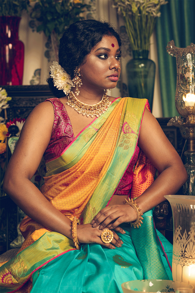 Half n Half Green Yellow Zari Kanjivaram Handloom Sari
