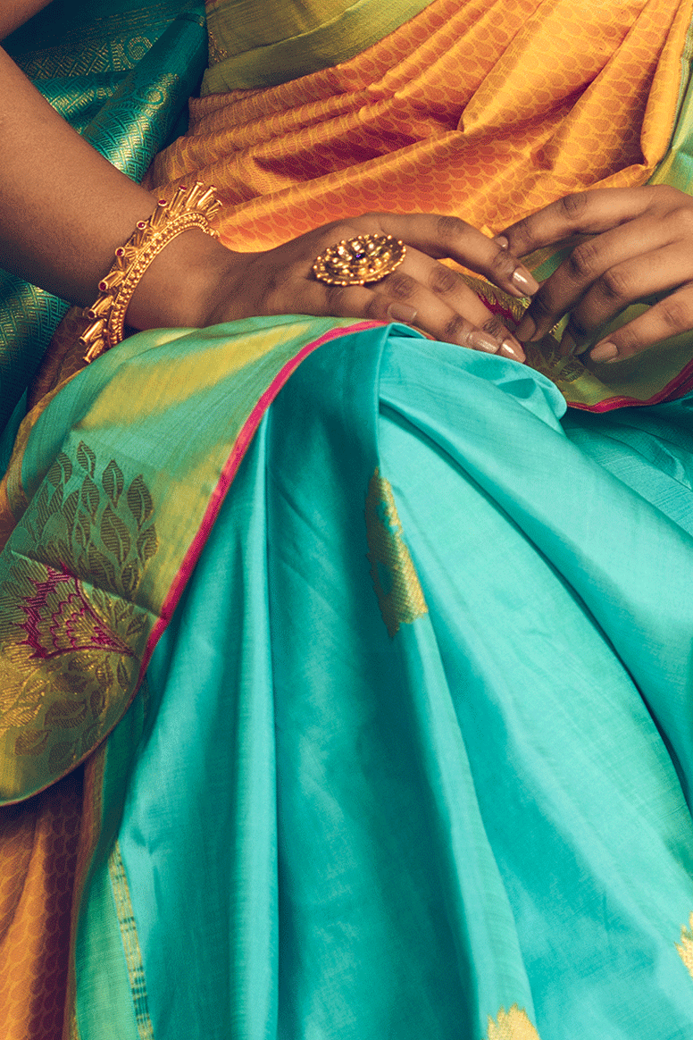 Half n Half Green Yellow Zari Kanjivaram Handloom Sari