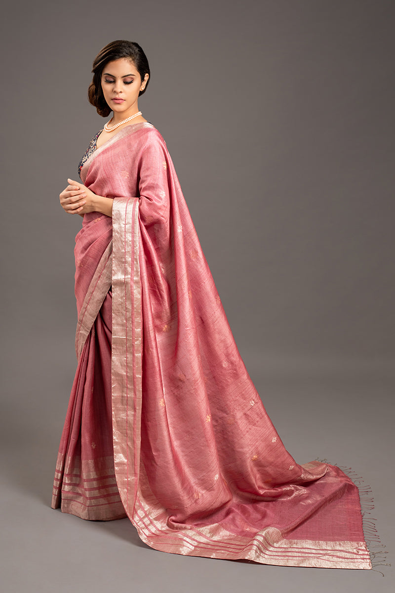 Flamingo Pink Zari Jamdani Pure Tussar Handloom Sari