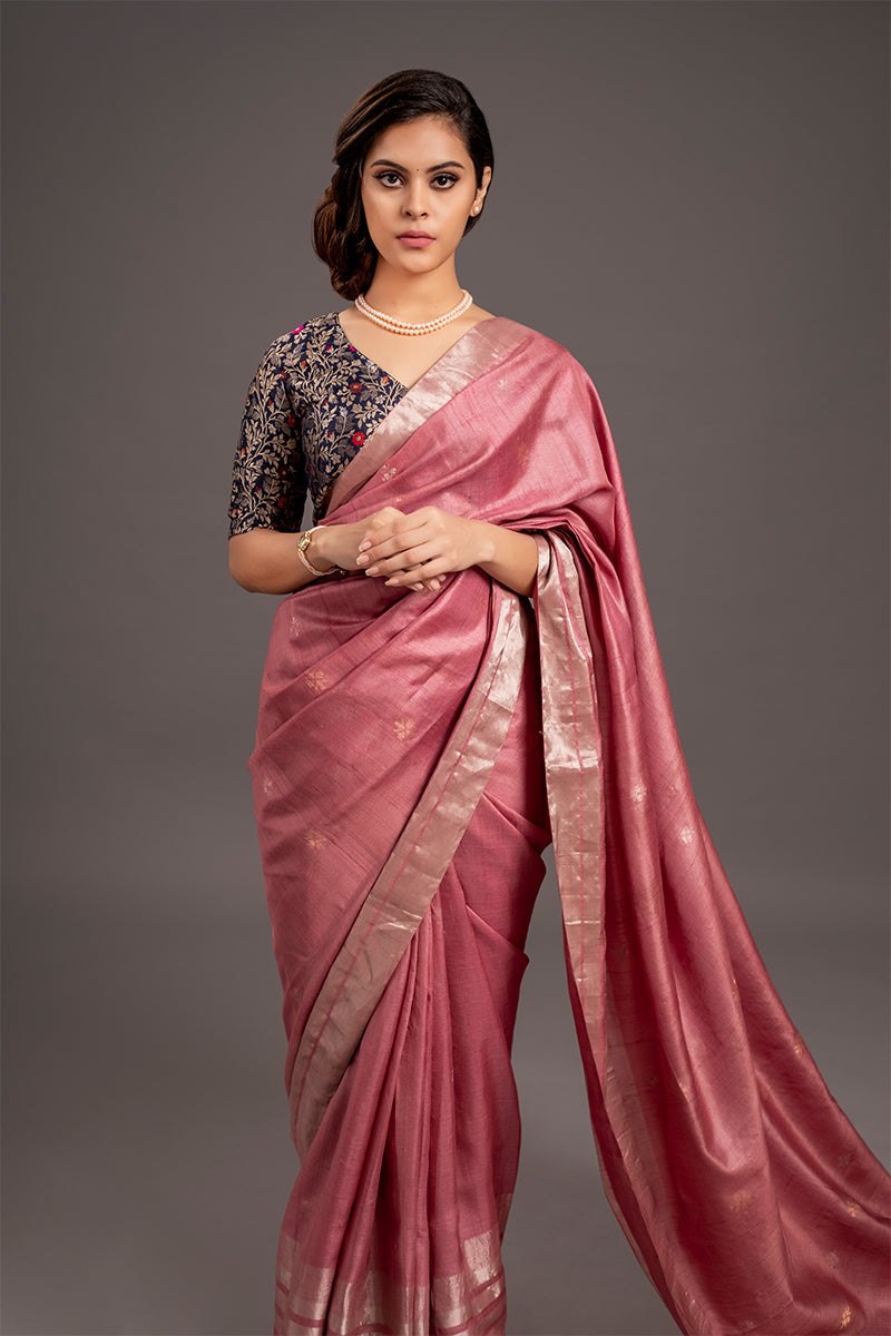 Flamingo Pink Zari Jamdani Pure Tussar Handloom Sari