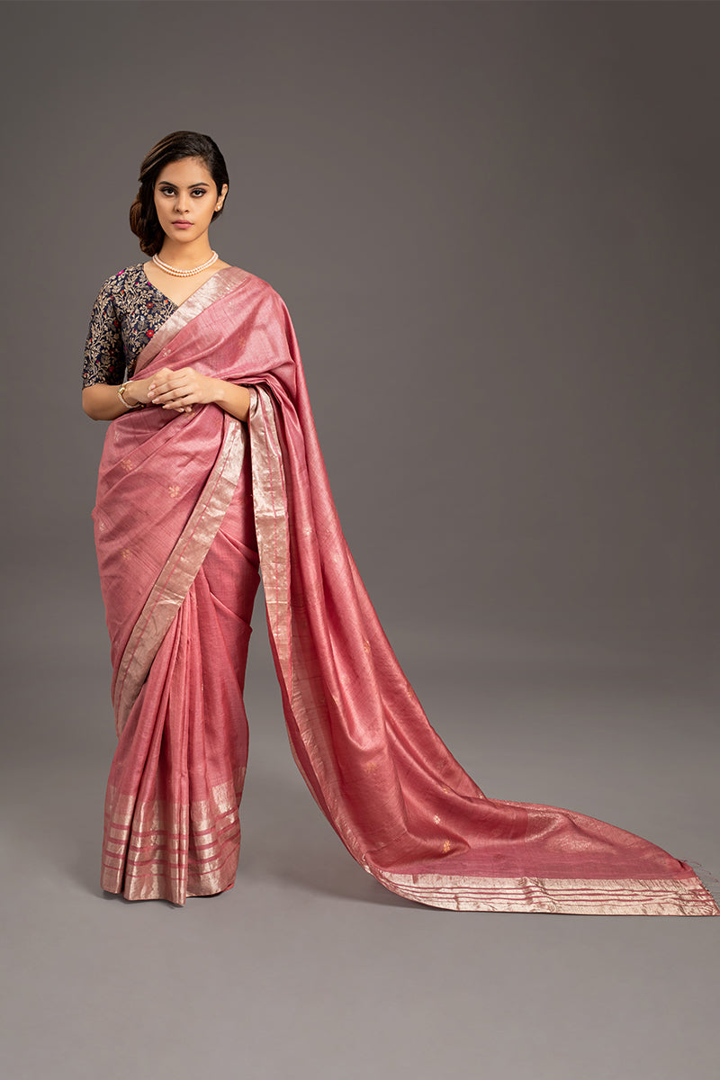 Flamingo Pink Zari Jamdani Pure Tussar Handloom Sari