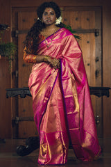 Pink Gold Zari Pure Silk Kanjivaram Handloom Sari