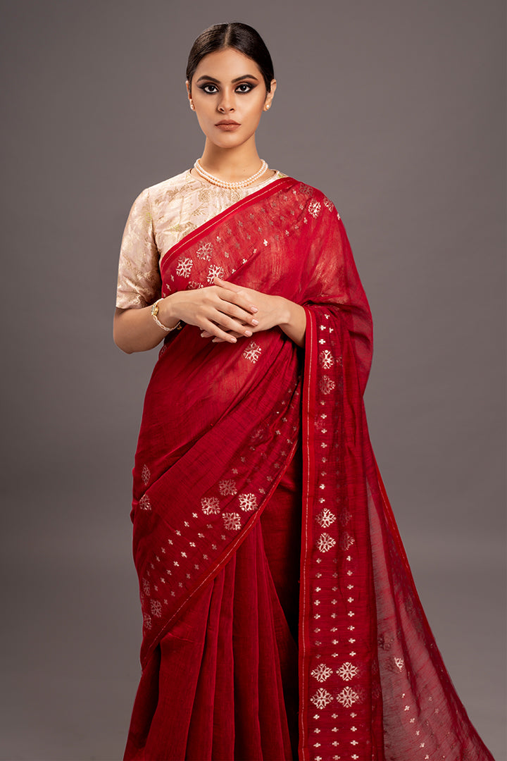 Red Zari Jamdani Pure Tussar Khadi Handloom Sari