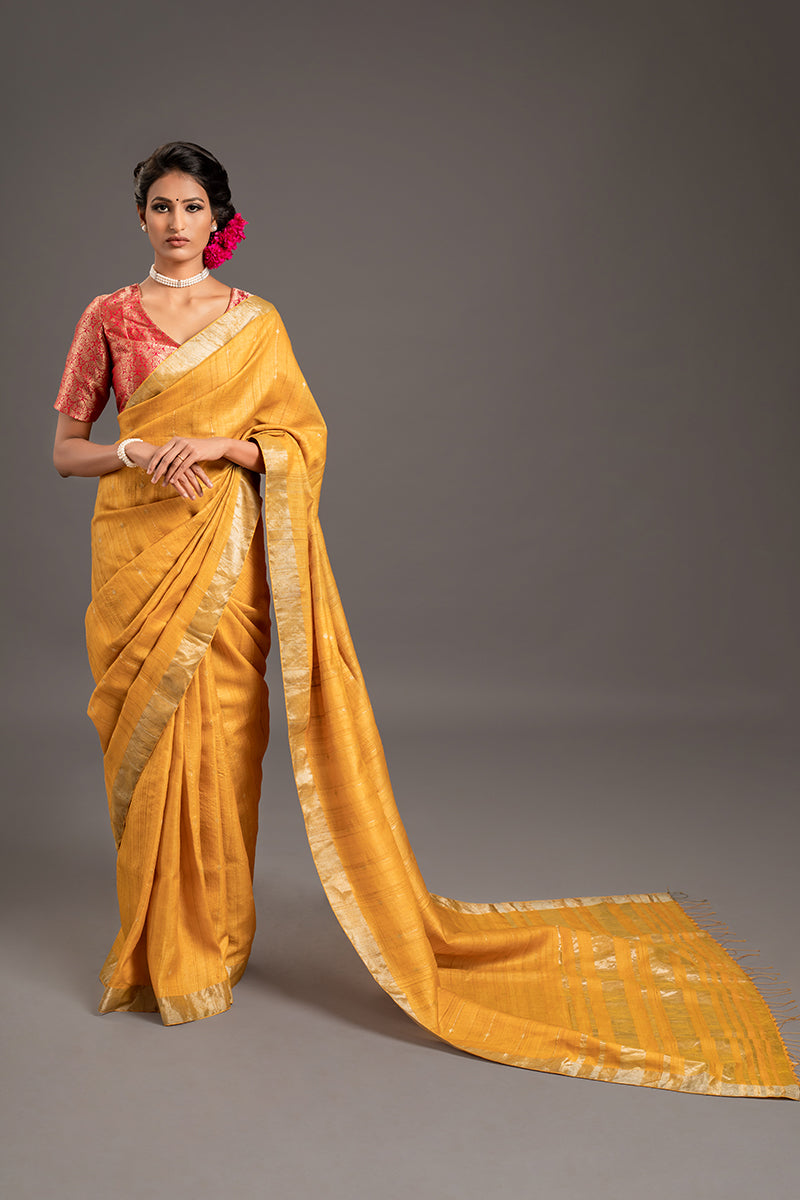 Turmeric Zari Jamdani Pure Tussar Handloom Sari