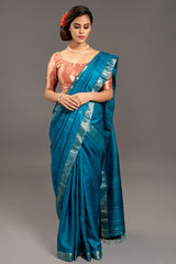 Azure Blue Zari Jamdani Pure Tussar Handloom Sari