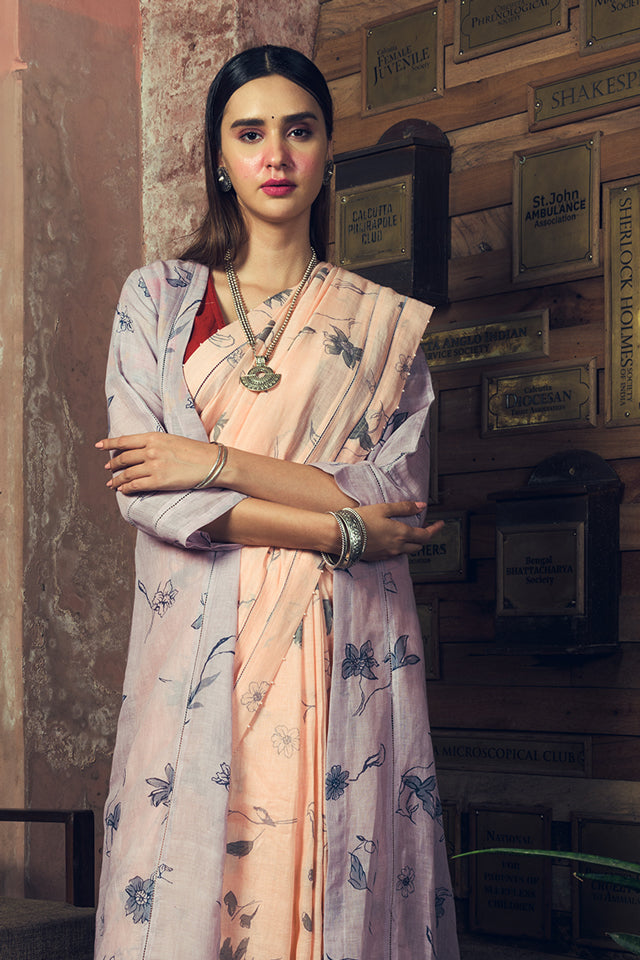 'Jayanti' Spring Pale Peach Linen Handloom Sari