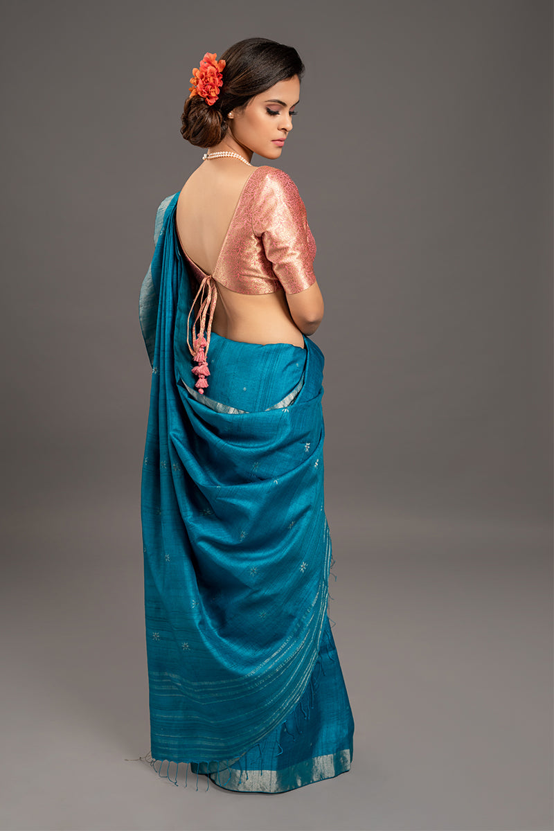 Azure Blue Zari Jamdani Pure Tussar Handloom Sari