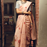 'Koumari' Poppy Pink Linen Handloom Sari