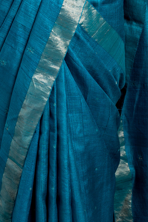 Azure Blue Zari Jamdani Pure Tussar Handloom Sari