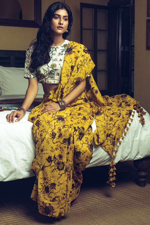 Forest Pattern Mustard Linen Handloom Sari