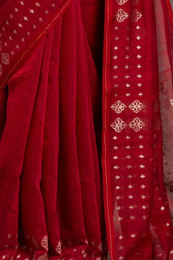 Red Zari Jamdani Pure Tussar Khadi Handloom Sari