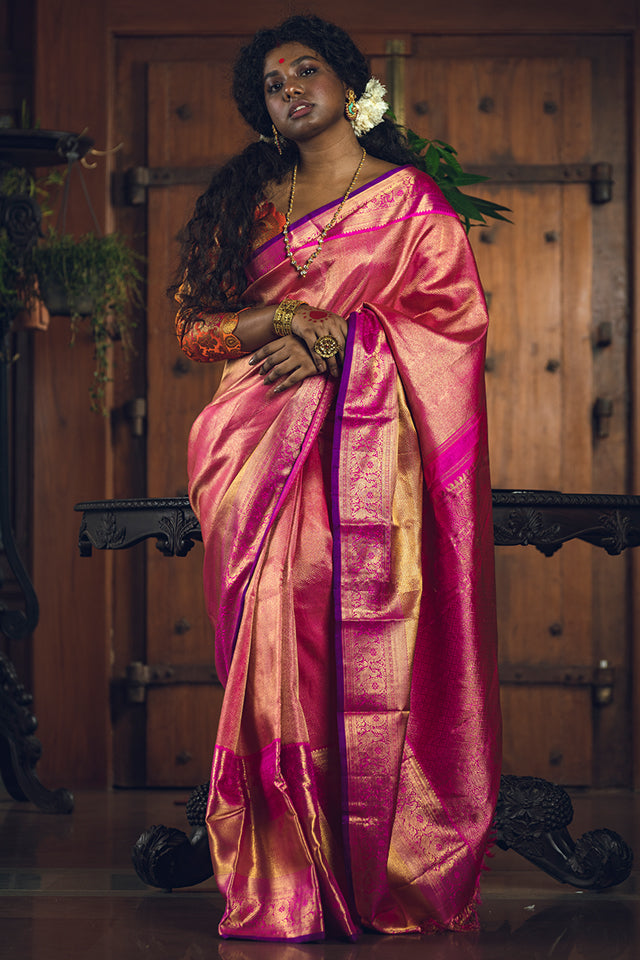 Pink Gold Zari Pure Silk Kanjivaram Handloom Sari