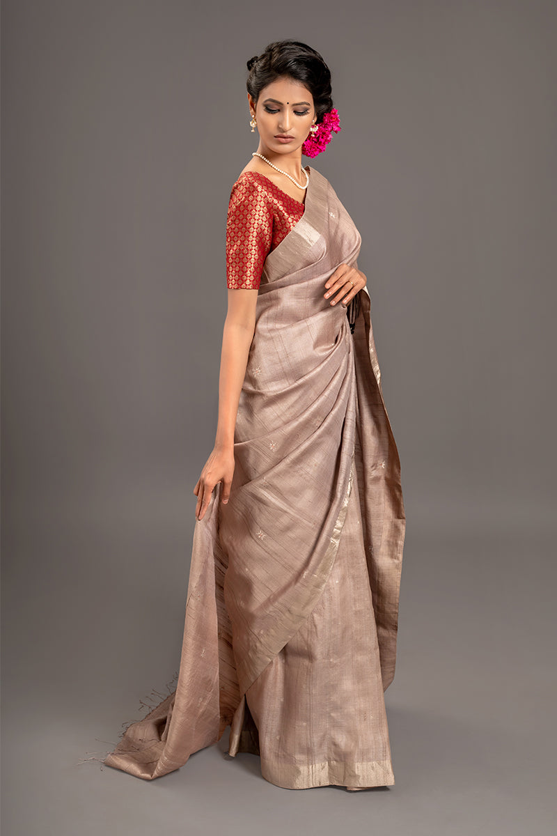 Taupe Zari Jamdani Pure Tussar Handloom Sari
