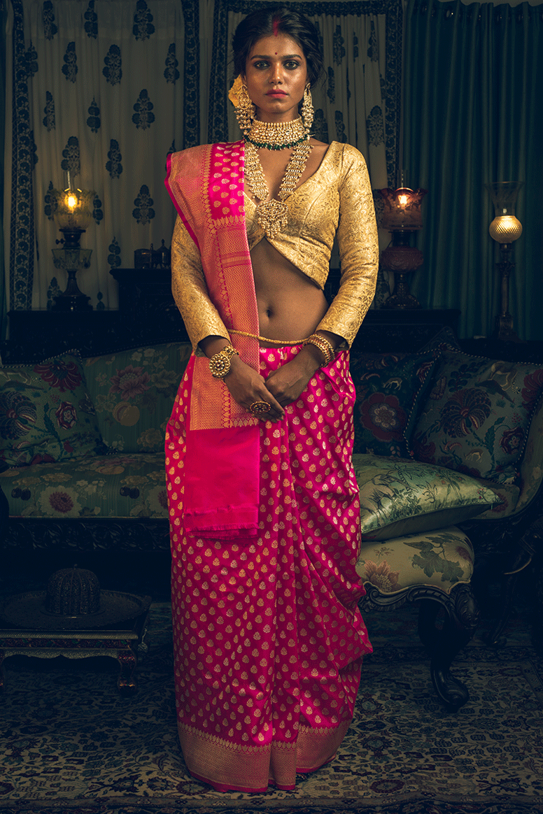 Fuchsia Dual Colored Zari Pure Silk Banarasi Handloom Sari