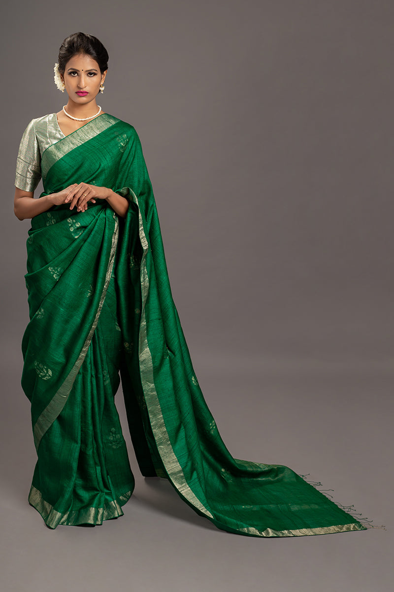Forest Green Zari Jamdani Pure Tussar Handloom Sari