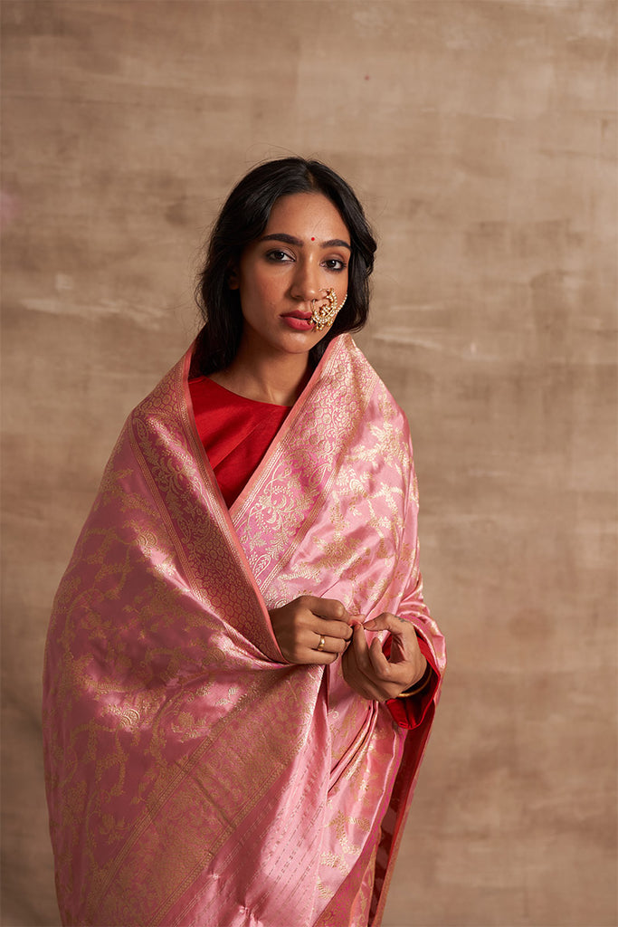 'Surkh Surur' Gulabi Kadhua Benarasi Handloom Sari