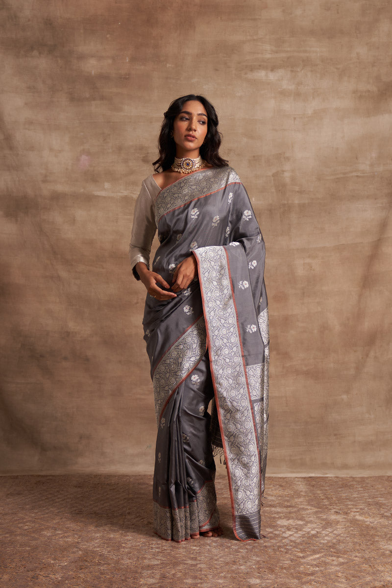 'Phool Chatai' Slaty Kadhua Benarasi Handloom Sari