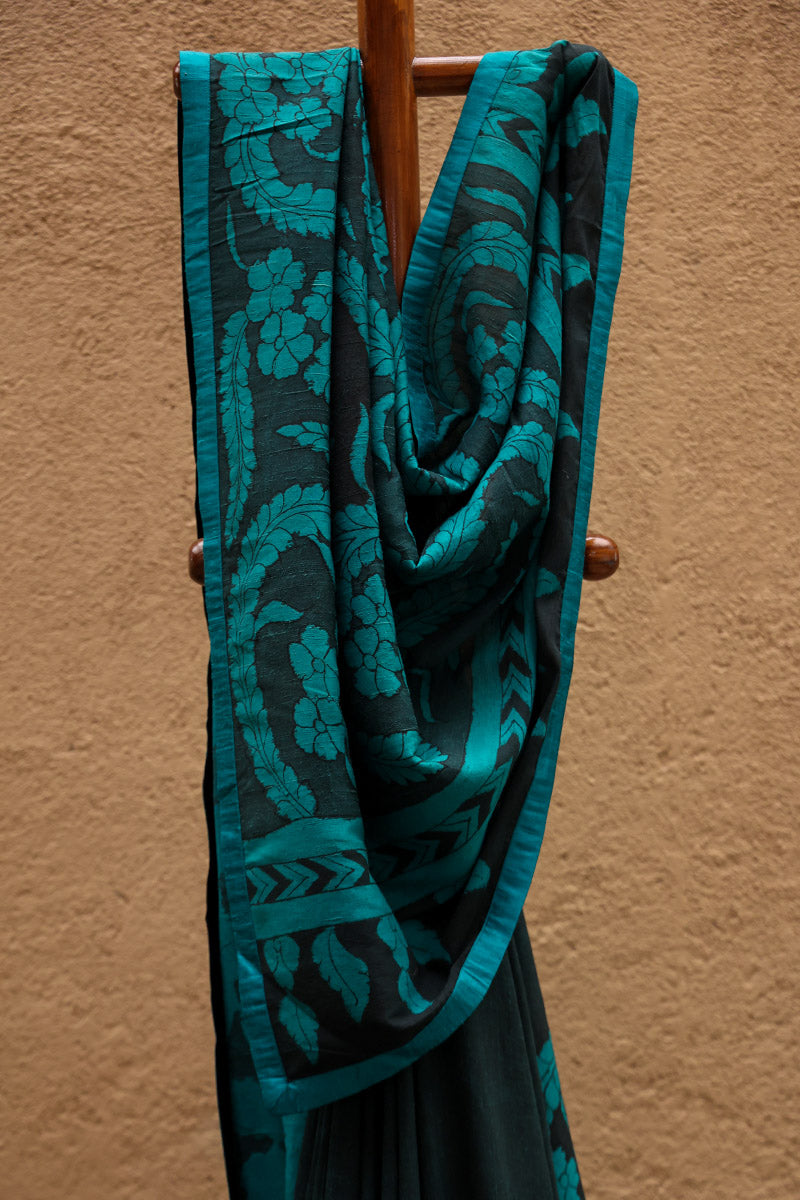 Firozi Pure Raw Silk Kalamkari Handloom Sari