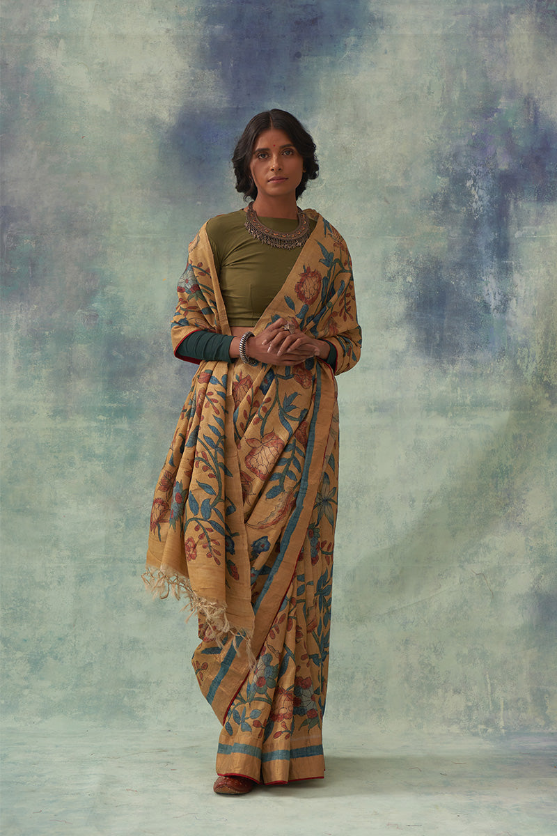 'Moti' Kalamkari with Zari Pure Banarasi Silk Sari