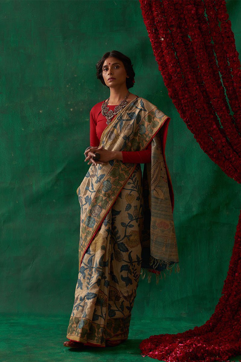 Muktamani' Kalamkari Pure Tussar Silk Sari