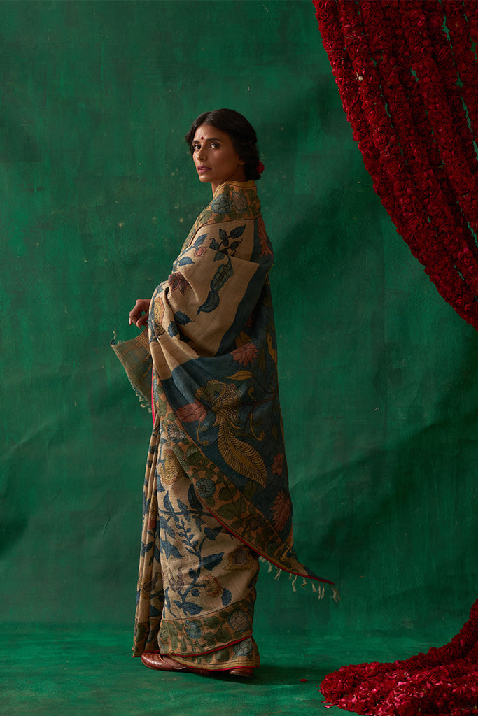 Muktamani' Kalamkari Pure Tussar Silk Sari