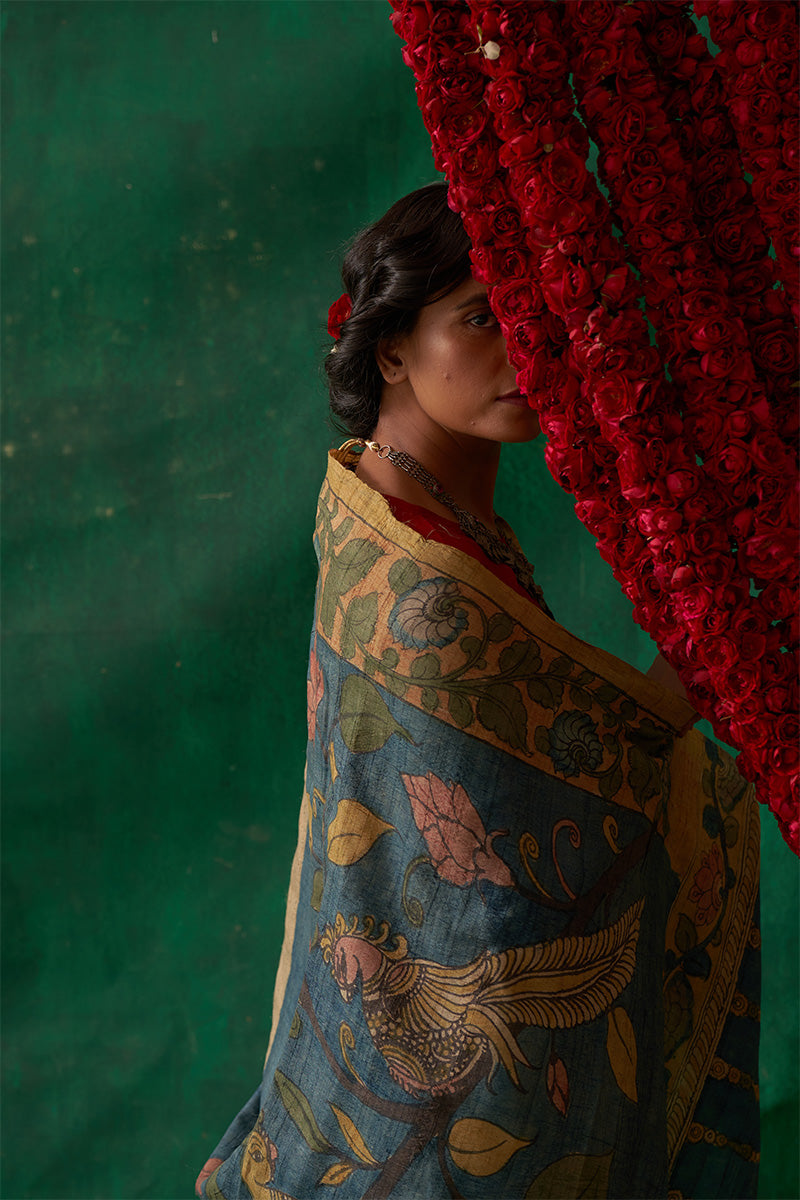 Muktamani' Kalamkari Pure Tussar Silk Sari