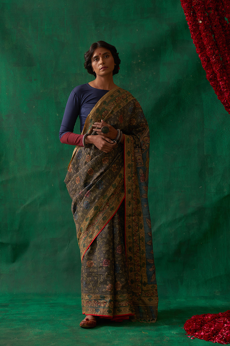 Rasika' Kalamkari Pure Tussar Silk Sari
