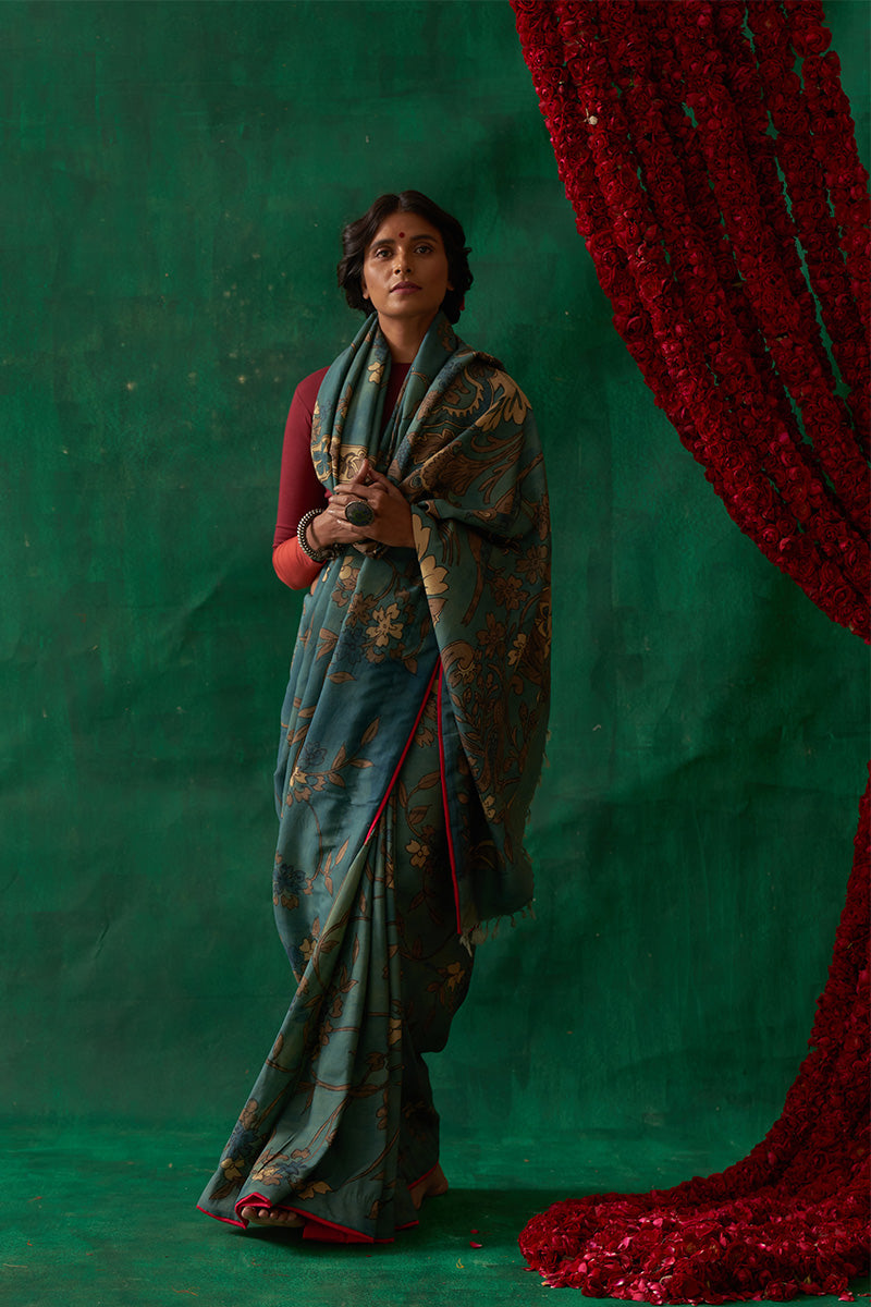 Raagmala' Kalamkari Pure Kanjivaram Silk Sari