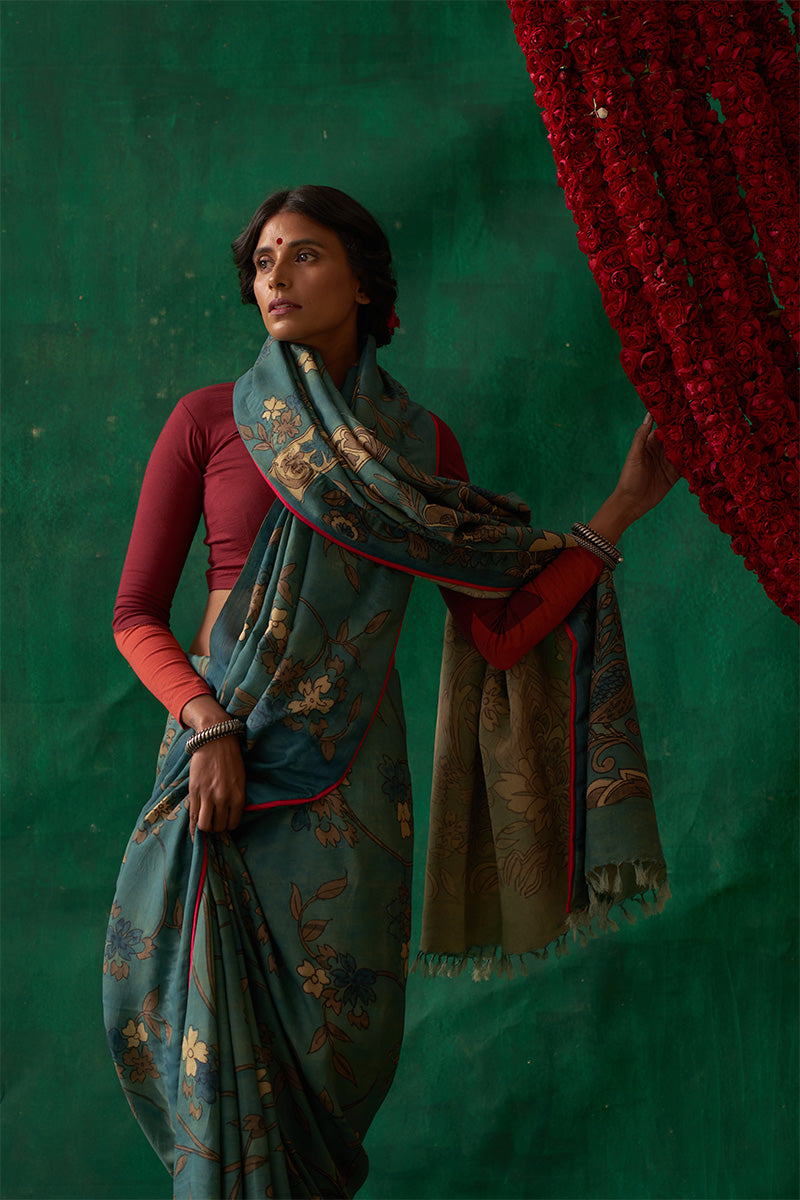 Raagmala' Kalamkari Pure Kanjivaram Silk Sari