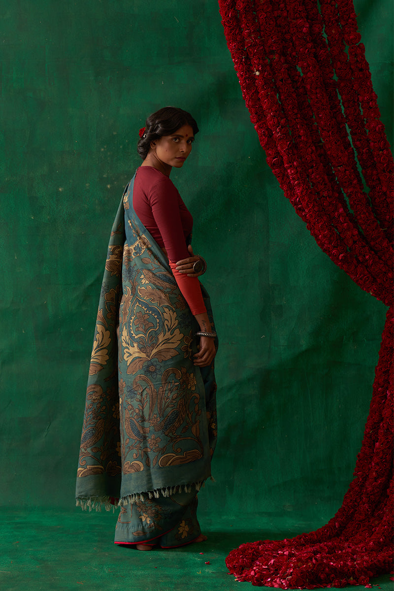 Raagmala' Kalamkari Pure Kanjivaram Silk Sari