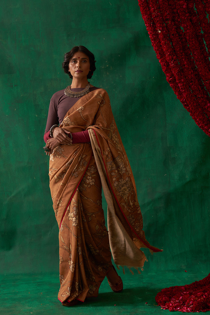Mukhari' Kalamkari Pure Banarasi Silk Sari
