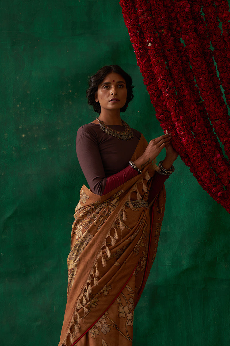 Mukhari' Kalamkari Pure Banarasi Silk Sari