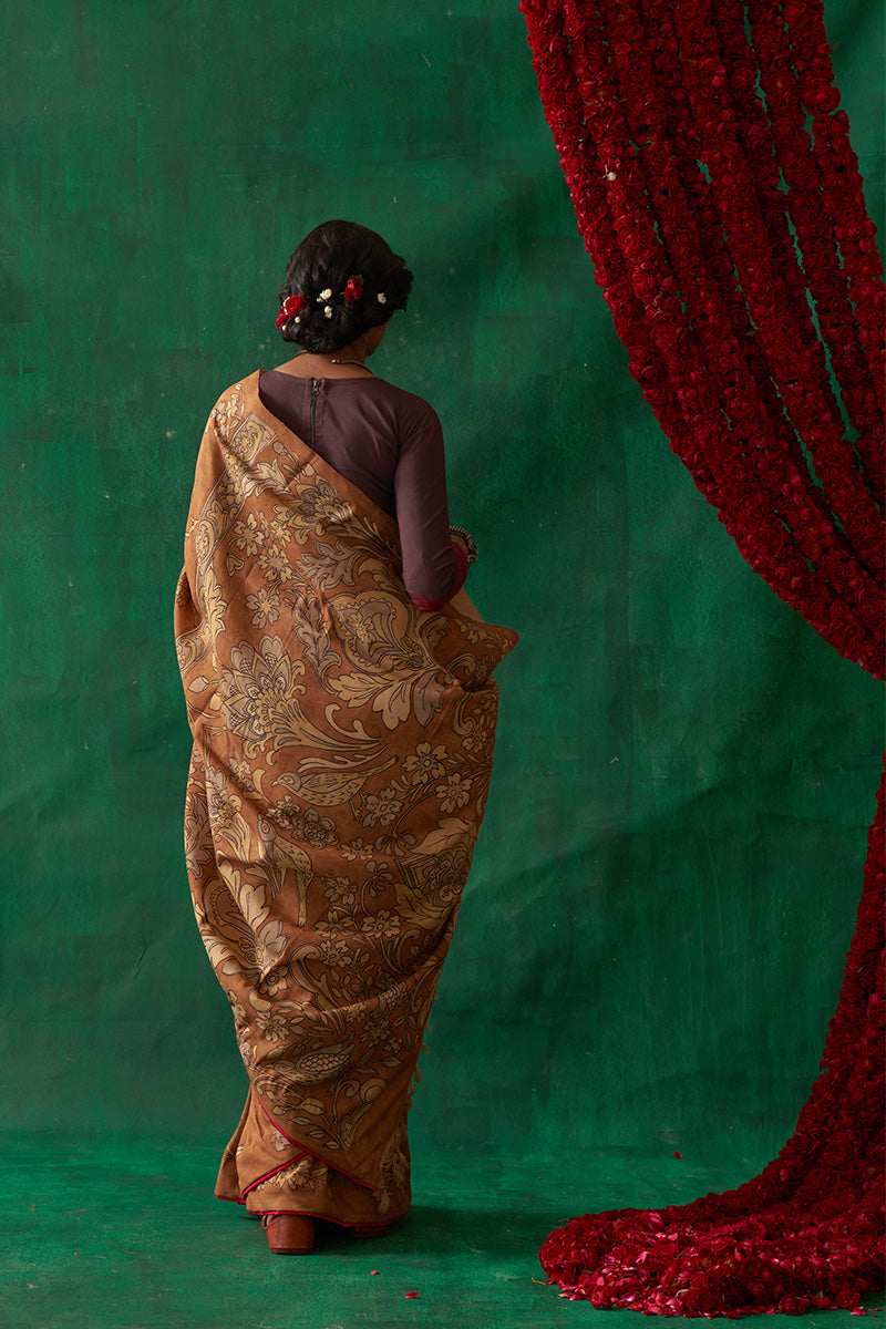 Mukhari' Kalamkari Pure Banarasi Silk Sari