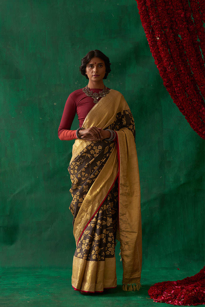 Pauravi' Kalamkari with Zari Pure Kanjivaram Silk Sari