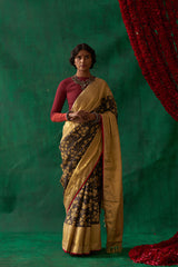 Pauravi' Kalamkari with Zari Pure Kanjivaram Silk Sari