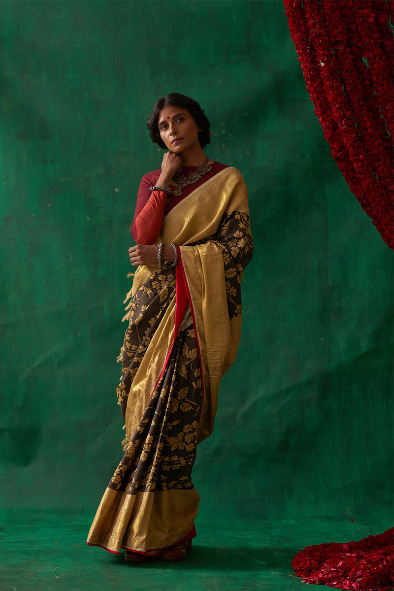 Pauravi' Kalamkari with Zari Pure Kanjivaram Silk Sari
