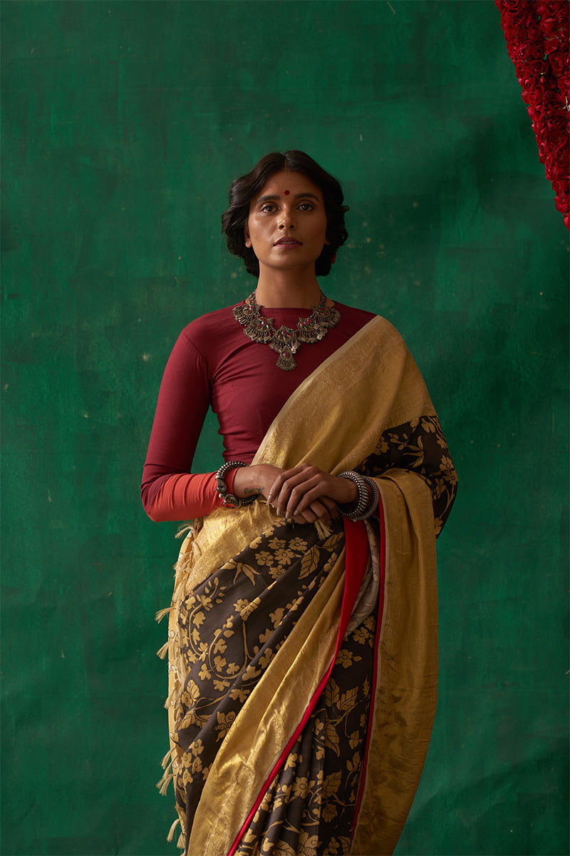 Pauravi' Kalamkari with Zari Pure Kanjivaram Silk Sari