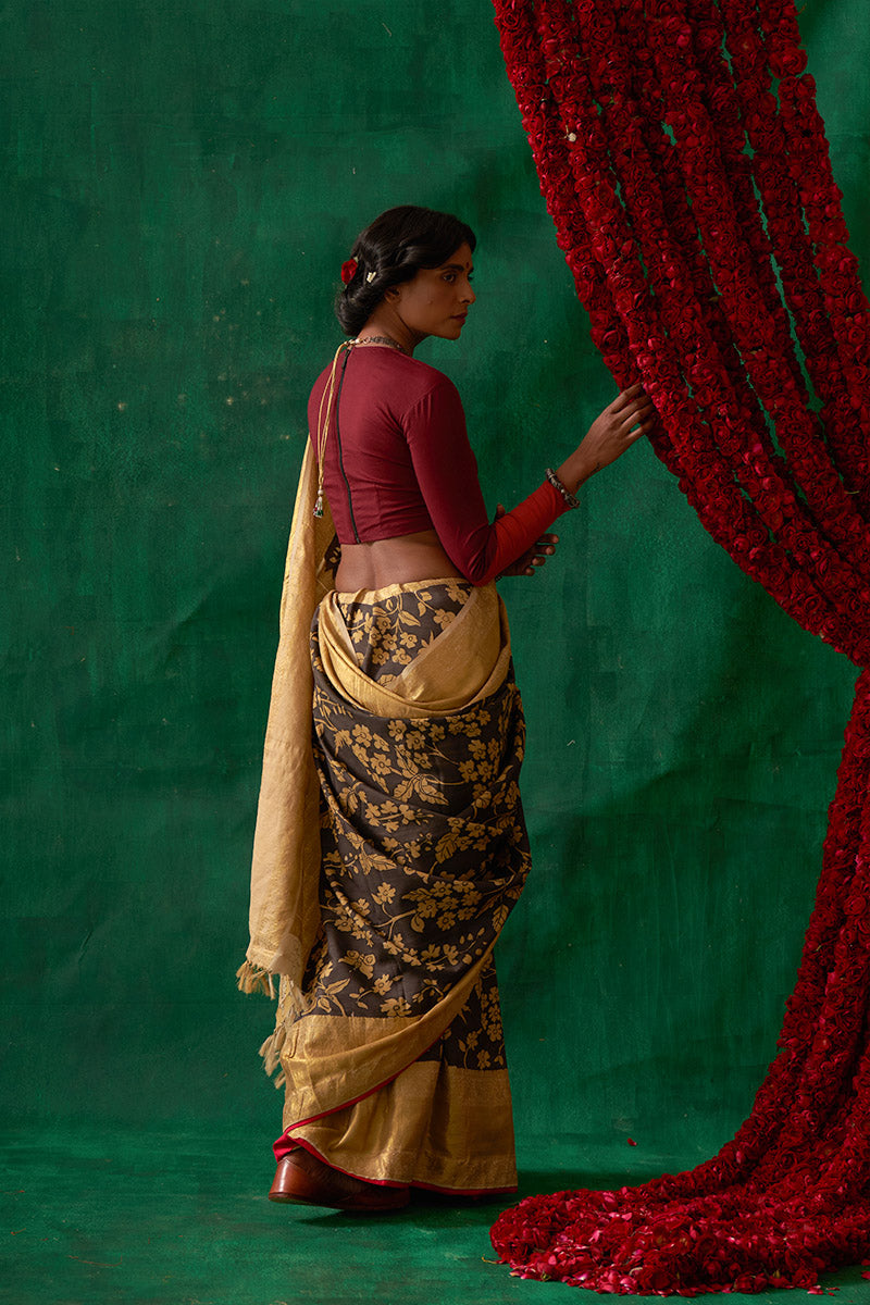 Pauravi' Kalamkari with Zari Pure Kanjivaram Silk Sari