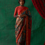 Malashri' Kalamkari with Zari Pure Pochampally Ikat Silk Sari