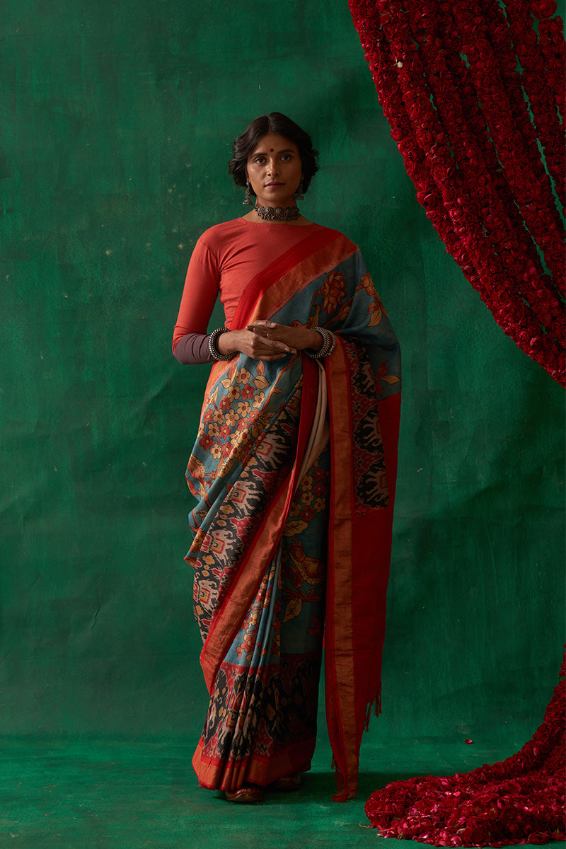 Malashri' Kalamkari with Zari Pure Pochampally Ikat Silk Sari