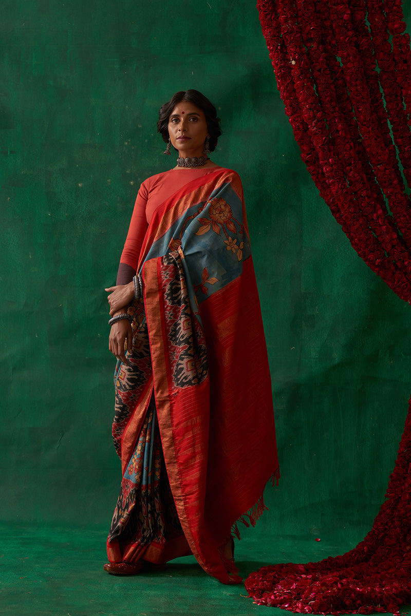 Malashri' Kalamkari with Zari Pure Pochampally Ikat Silk Sari