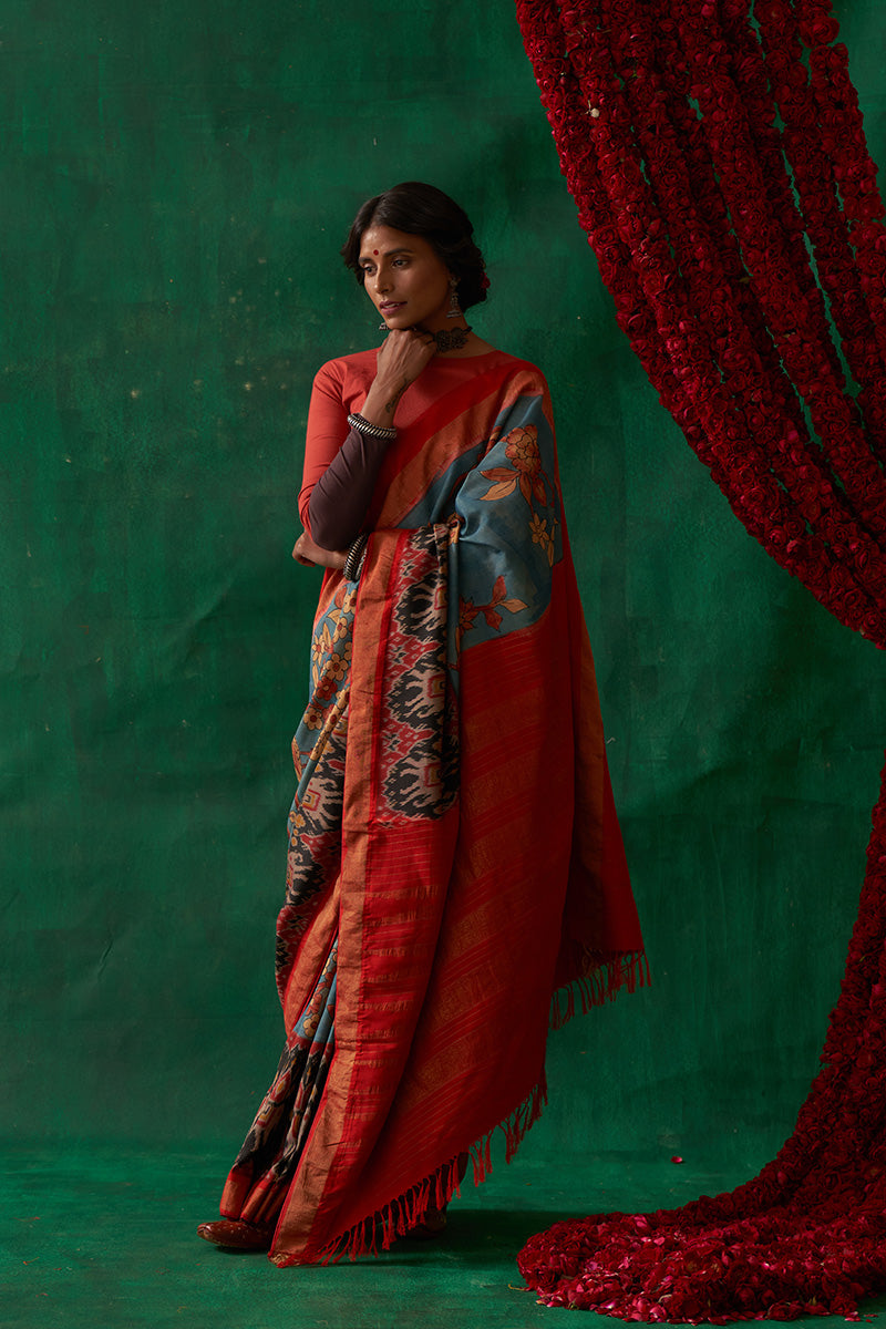 Malashri' Kalamkari with Zari Pure Pochampally Ikat Silk Sari