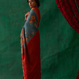 Malashri' Kalamkari with Zari Pure Pochampally Ikat Silk Sari