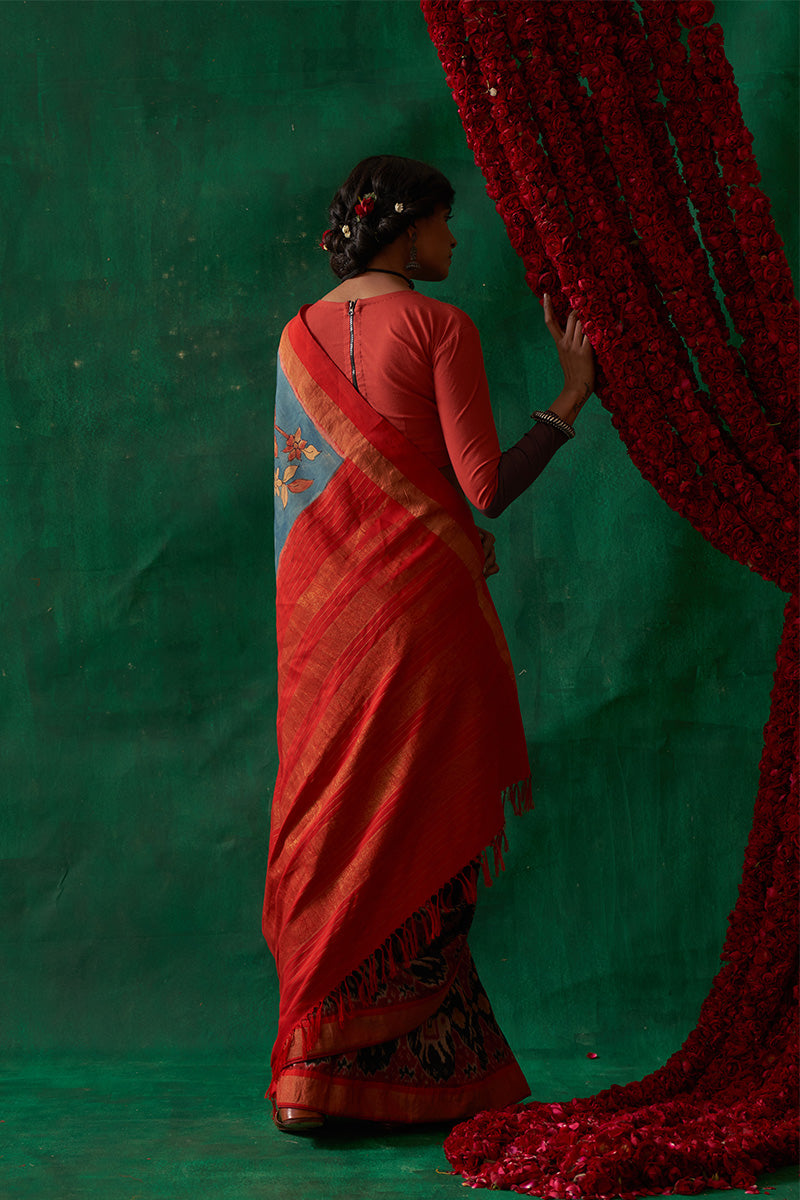 Malashri' Kalamkari with Zari Pure Pochampally Ikat Silk Sari