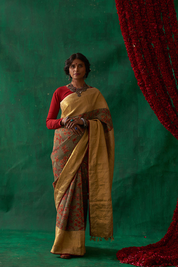 Sudarshna' Kalamkari with Zari Pure Kanjivaram Silk Sari