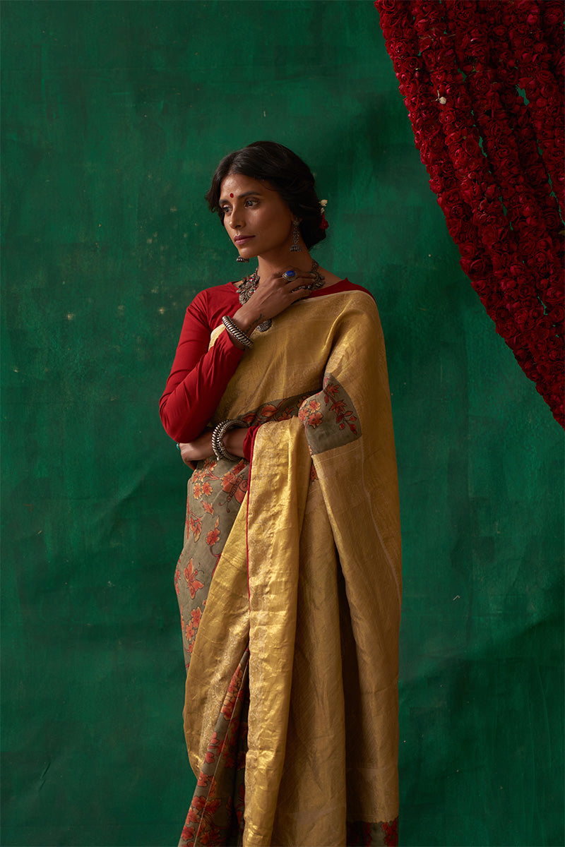 Sudarshna' Kalamkari with Zari Pure Kanjivaram Silk Sari