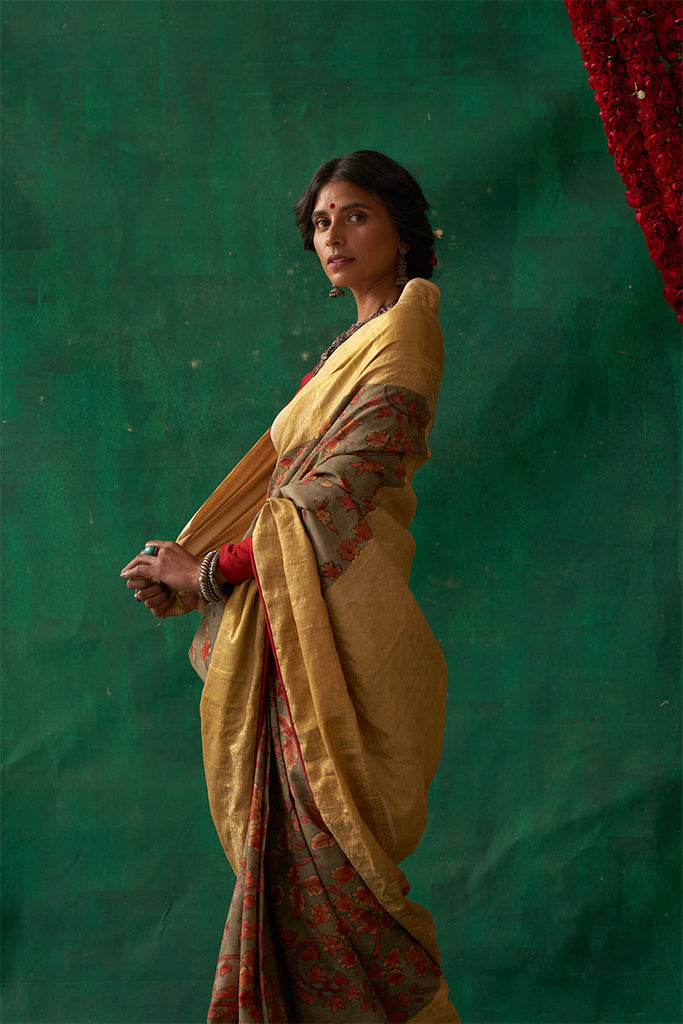 Sudarshna' Kalamkari with Zari Pure Kanjivaram Silk Sari