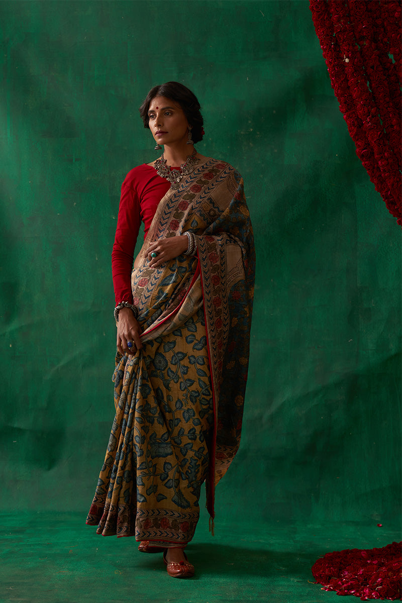 Mugdha' Kalamkari Pure Tussar Silk Sari