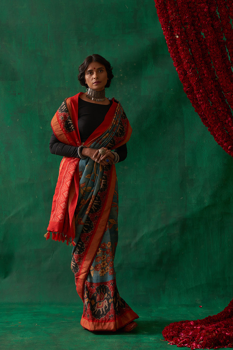 Uttama' Kalamkari with Zari Pure Pochampally Ikat Silk Sari