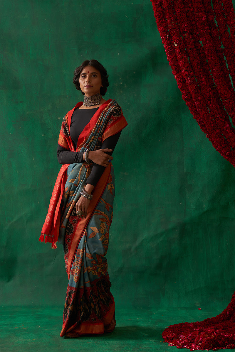 Uttama' Kalamkari with Zari Pure Pochampally Ikat Silk Sari